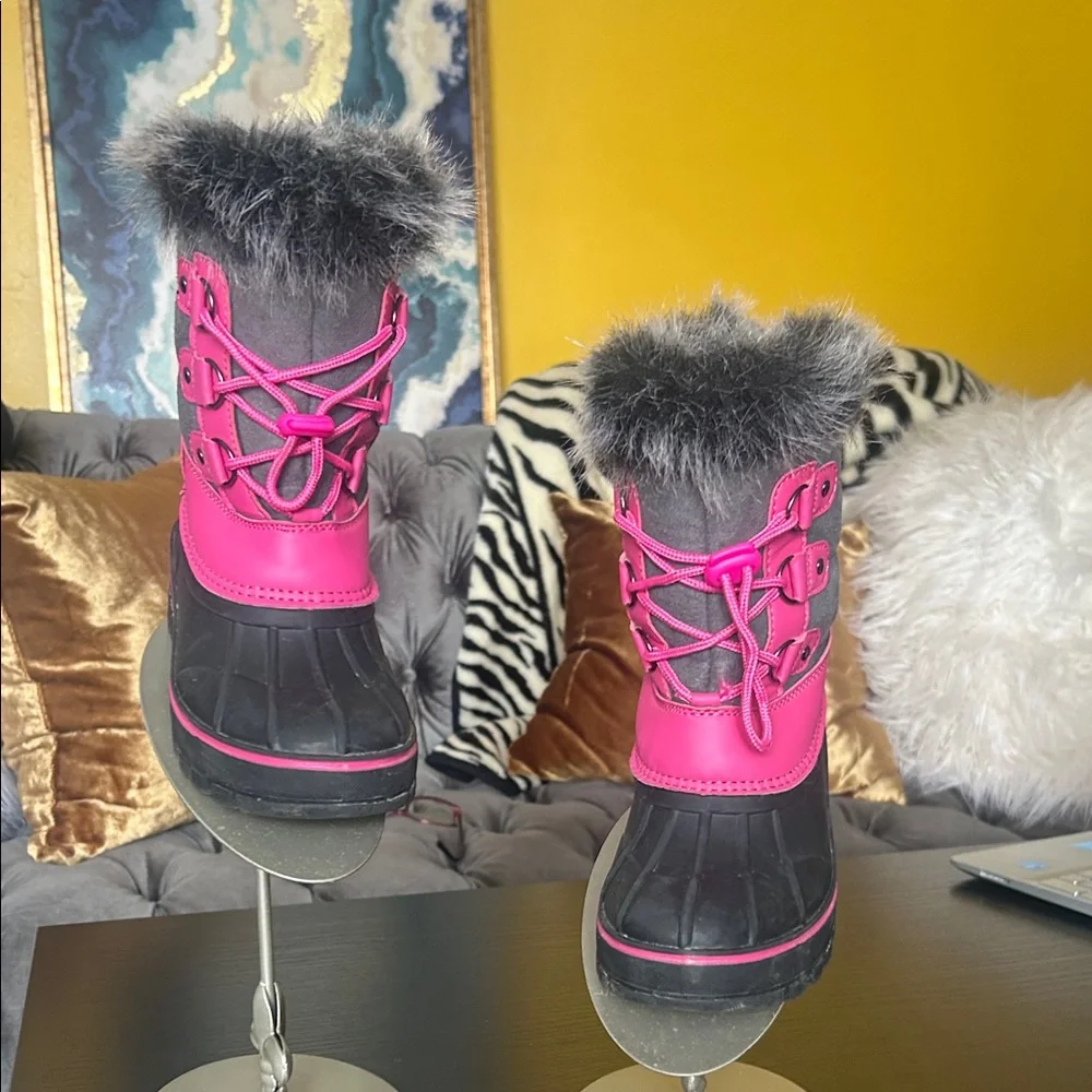 Pink and Gray Winter Boots with Faux Fur